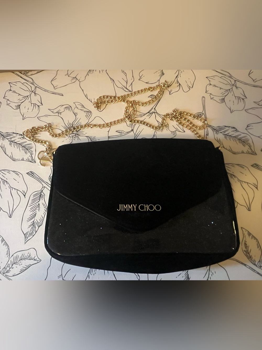 Jimmy Choo Black Velvet & Glitter Mixed Media Gold Chain Crossbody/Clutch